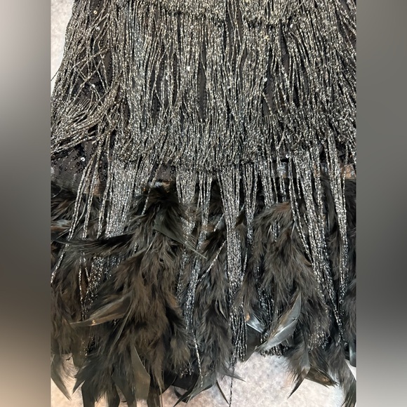 Dazzling Black Silver Sequin Feather Fringe Flapper Mini Glamour Dress S M - Picture 9 of 11